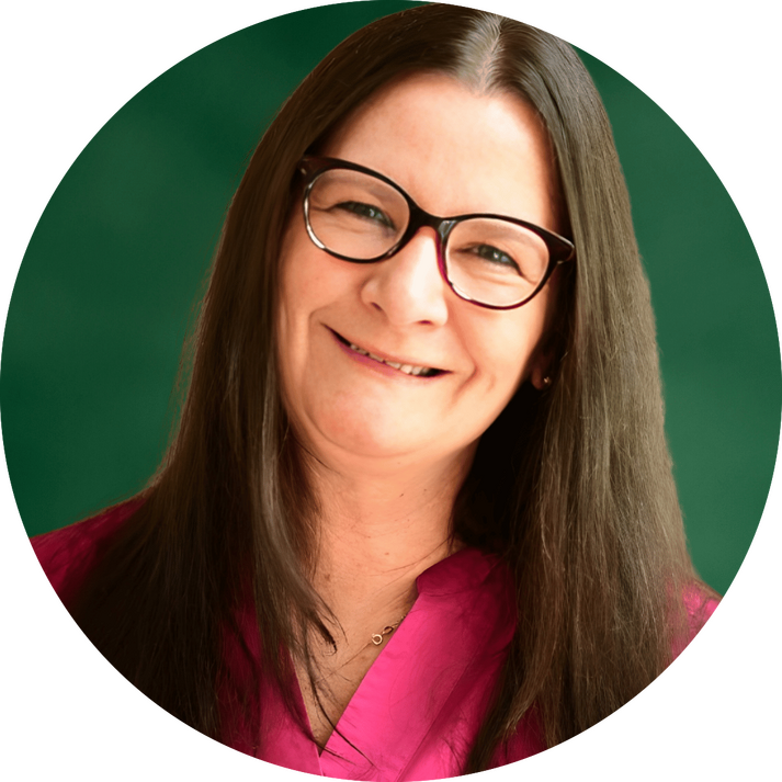 Women with long brown hair and glasses